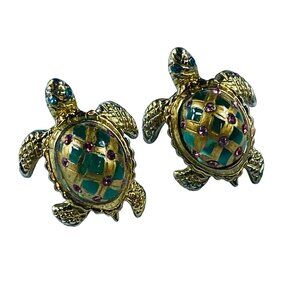 Turtle Earrings Pierced Post Purple Color Rhinestone Accents Gold Color Metal